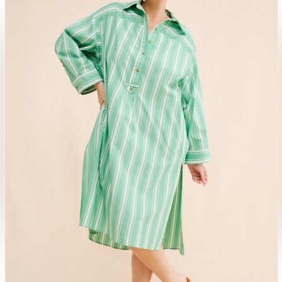 New Anthropology Green Striped Button-Up Dress - Picture 1 of 15